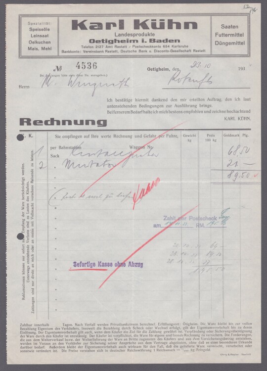 Karl Kühn - Rechnung - 23.10.1938