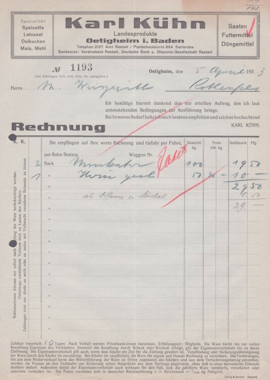 Karl Kühn - Rechnung - 05.04.1933