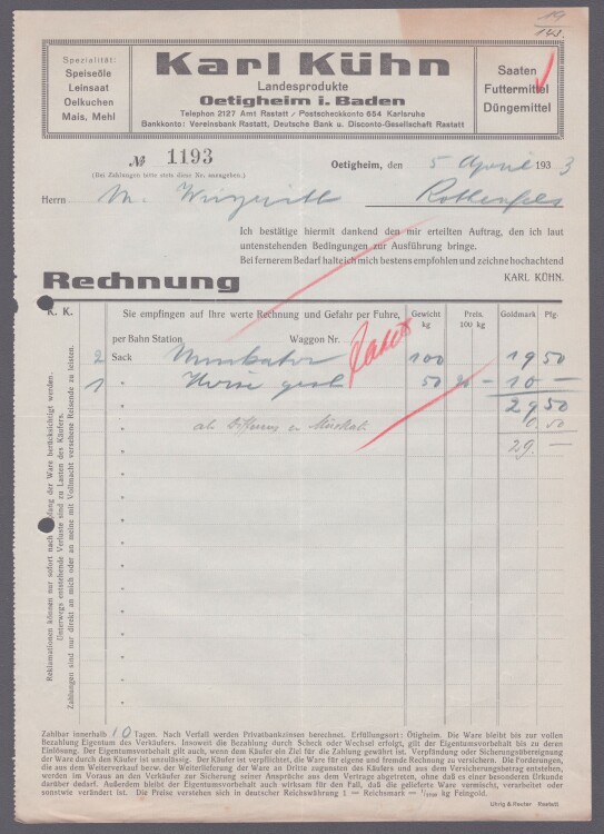 Karl Kühn - Rechnung - 05.04.1933