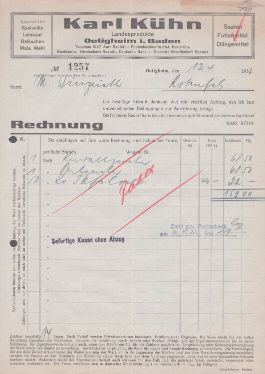 Karl Kühn - Rechnung - 12.04.1933