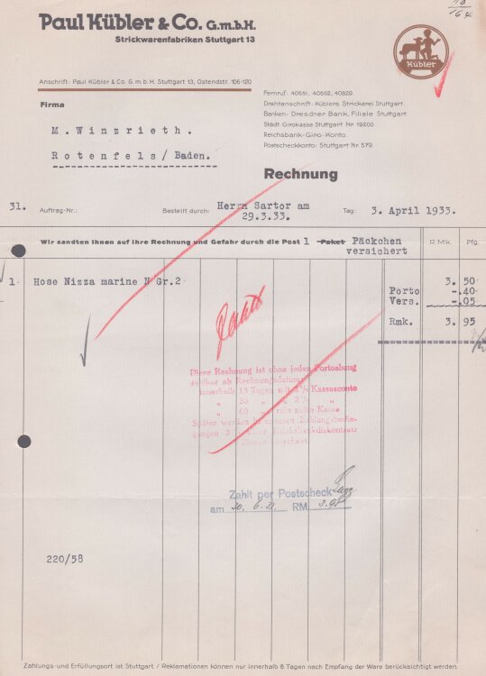 Paul Kübler & Co GmbH Strickwarenfabriken - Rechnung - 03.04.1933