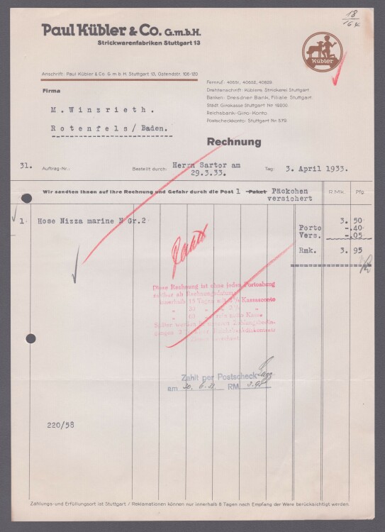 Paul Kübler & Co GmbH Strickwarenfabriken - Rechnung - 03.04.1933