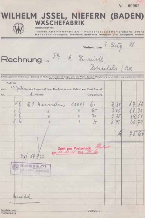 Wilhelm Jssel Wäschefabrik - Rechnung - 04.08.1938