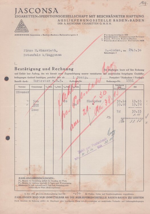 Jasconsa Zigaretten-Speditionsgesellschaft - Rechnung - 20.05.1930