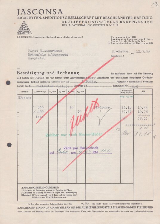 Jasconsa Zigaretten-Speditionsgesellschaft - Rechnung - 12.03.1930
