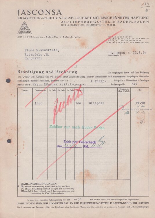 Jasconsa Zigaretten-Speditionsgesellschaft - Rechnung - 22.01.1930