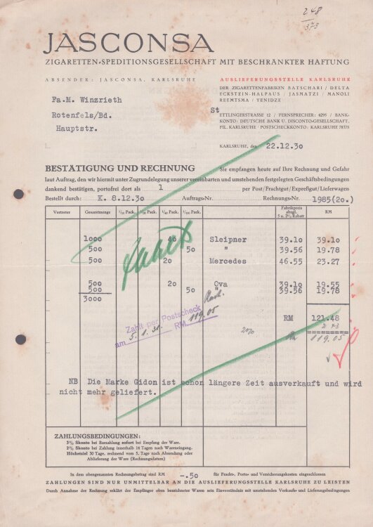 Jasconsa Zigaretten-Speditionsgesellschaft - Rechnung - 22.12.1930