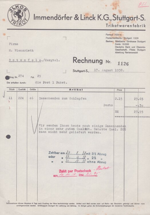 Immendörfer & Linck K.G. - Rechnung - 17.08.1938