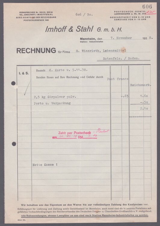 Imhoff & Stahl GmbH - Rechnung - 07.11.1938