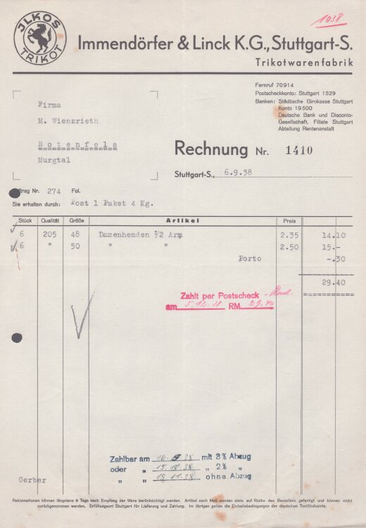 Immendörfer & Linck K.G. - Rechnung - 06.09.1938