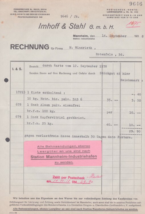 Imhoff & Stahl GmbH - Rechnung - 14.09.1938