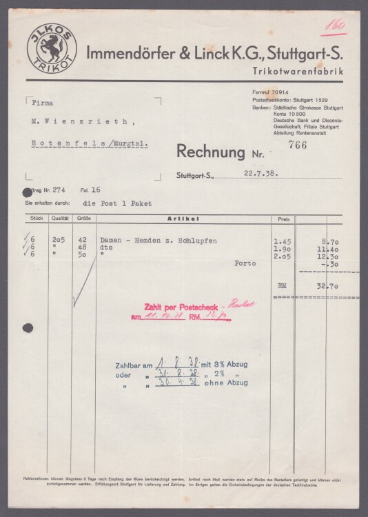 Immendörfer & Linck K.G. - Rechnung - 22.07.1938