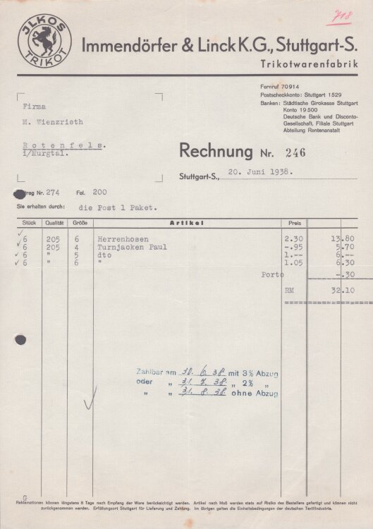 Immendörfer & Linck K.G. - Rechnung - 20.06.1938