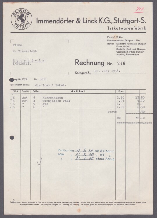 Immendörfer & Linck K.G. - Rechnung - 20.06.1938