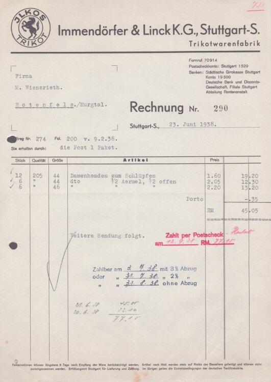 Immendörfer & Linck K.G. - Rechnung - 23.06.1938