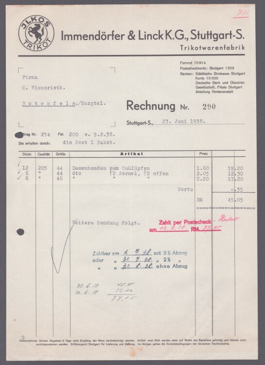 Immendörfer & Linck K.G. - Rechnung - 23.06.1938
