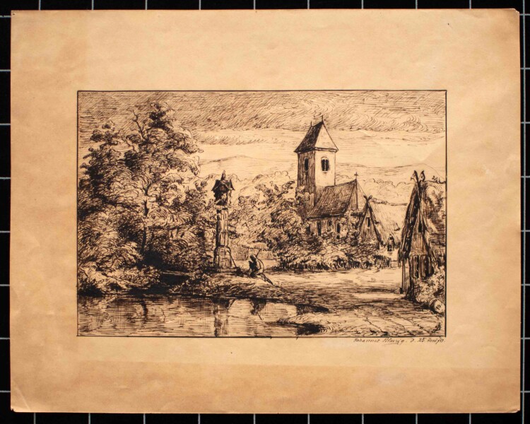 Signiert Johannes Scheurig (?) - Mann am Brunnen - 1870 - Feder Zeichnung
