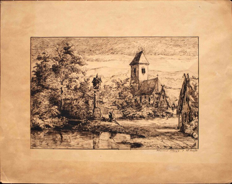 Signiert Johannes Scheurig (?) - Mann am Brunnen - 1870 - Feder Zeichnung