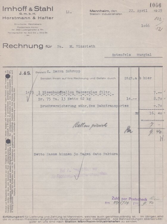 Imhoff & Stahl GmbH - Rechnung - 22.03.1929