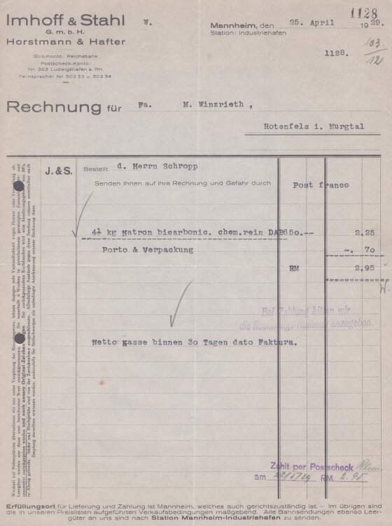 Imhoff & Stahl GmbH - Rechnung - 25.03.1929