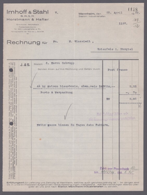 Imhoff & Stahl GmbH - Rechnung - 25.03.1929