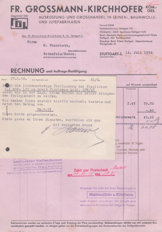 Fr. Grossmann-Krichhofer KG - Rechnung - 14.07.1938