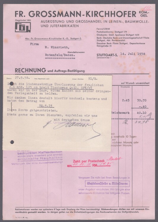 Fr. Grossmann-Krichhofer KG - Rechnung - 14.07.1938