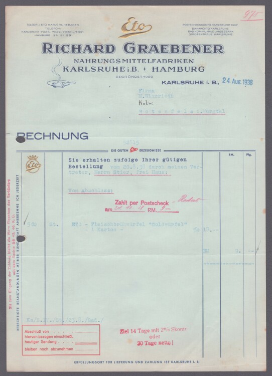 Etos Richard Graebener Nahrungsmittelfabriken - Rechnung - 24.08.1938
