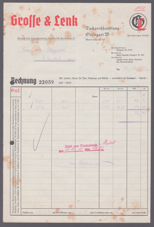 Grosse & Lenk - Rechnung - 28.10.1938