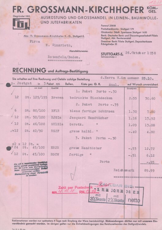 Fr. Grossmann-Kirchhofer - Rechnung - 26.10.1938