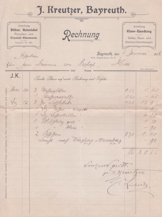 J. Kreutzer, Bayreuth - Rechnung - 05.01.1906