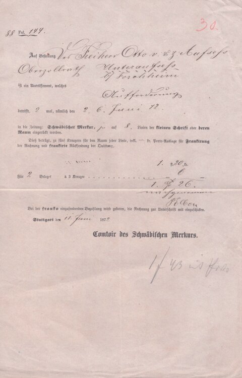 Schwäbischer Merkur - Rechnung - 11.07.1872