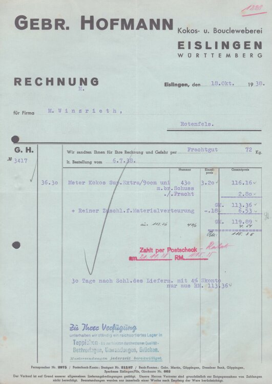 Gebrüder Hofmann Kokos- u. Boucleweberei - Rechnung - 18.11.1938