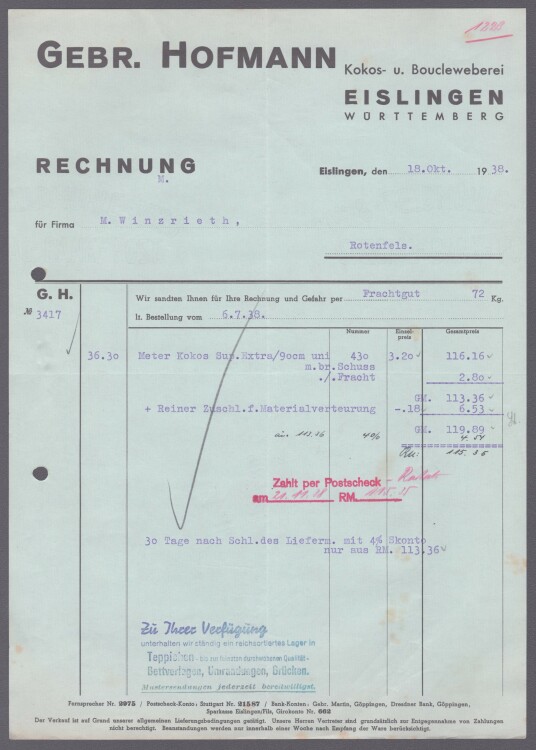 Gebrüder Hofmann Kokos- u. Boucleweberei - Rechnung - 18.11.1938