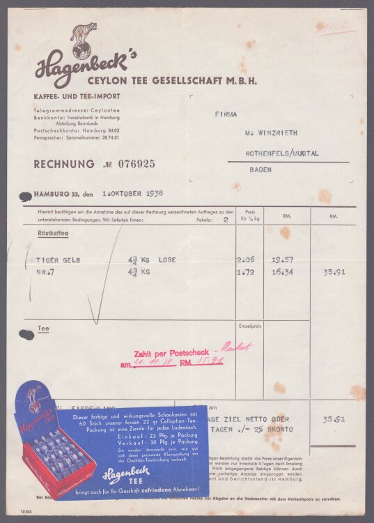 Hagenbeck`s Ceylon Tee GmbH - Rechnung - 01.10.1938