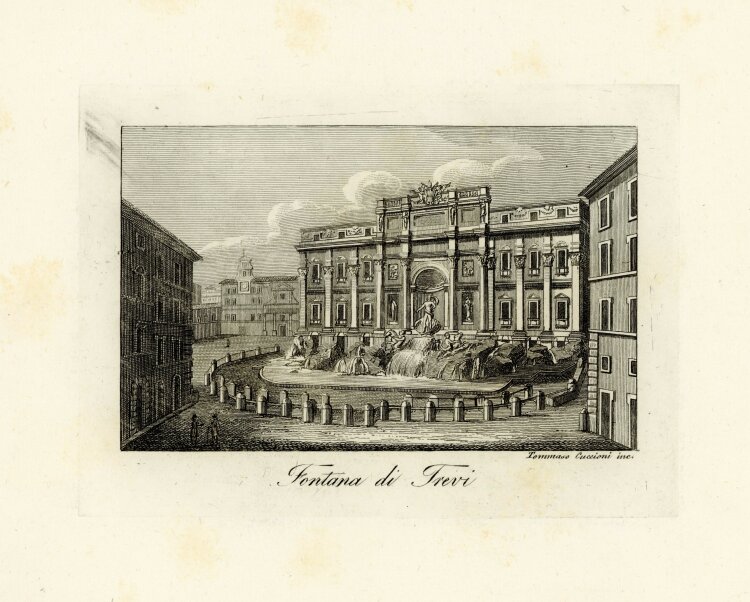 Tommaso Cuccioni - Trevi Brunnen Tommaso Cuccioni Monumentalbrunnen Piazza di Trevi Rom Stahlstich - um 1830 - Kupferstich