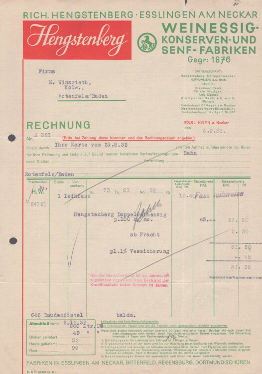 Richard Hengstenberg Weinessig-Konserven und Senf-Farbiken - Rechnung - 31.8.1933