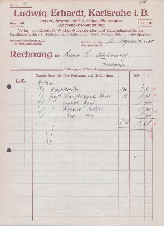 Ludwig Erhardt Papier Schreib und Zeichenmaterialen - Rechnung - 16.09.1930