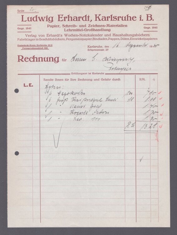 Ludwig Erhardt Papier Schreib und Zeichenmaterialen - Rechnung - 16.09.1930