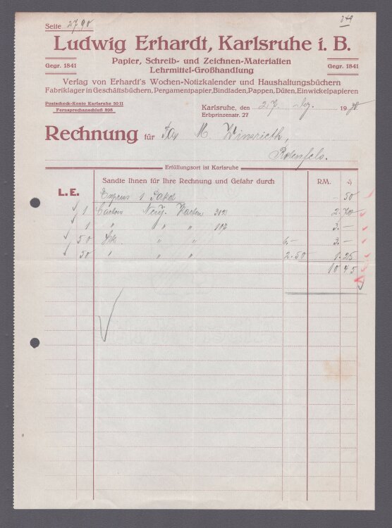 Ludwig Erhardt Papier Schreib und Zeichenmaterialen - Rechnung - 27.09.1930