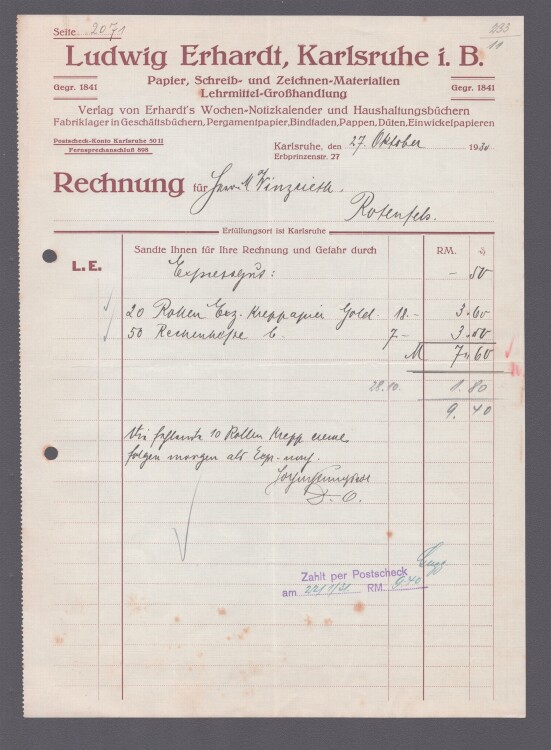 Ludwig Erhardt Papier Schreib und Zeichenmaterialen - Rechnung - 27.10.1930