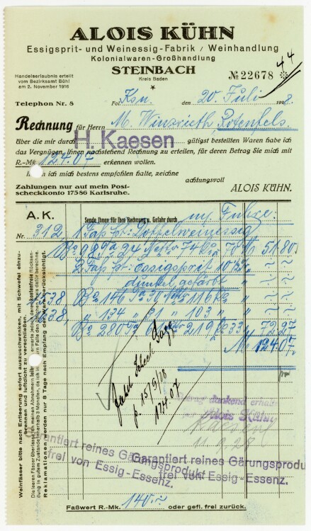 Alois Kühn. Essigspirit- und Weinessig-Fabrik, Weinhandlung, Kolonialwaren-Großhandlung Steinbach  - Rechnung  - 20.07.1928