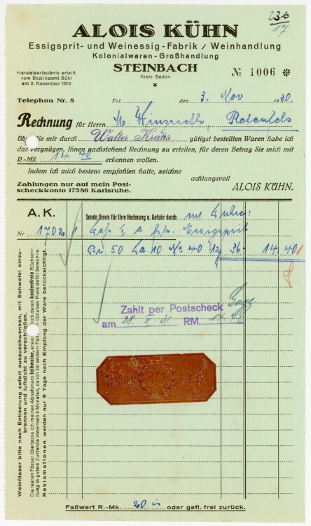 Alois Kühn. Essigspirit- und Weinessig-Fabrik, Weinhandlung, Kolonialwaren-Großhandlung Steinbach  - Rechnung  - 03.11.1930