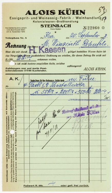 Alois Kühn. Essigspirit- und Weinessig-Fabrik, Weinhandlung, Kolonialwaren-Großhandlung Steinbach  - Rechnung - 20.09.1928