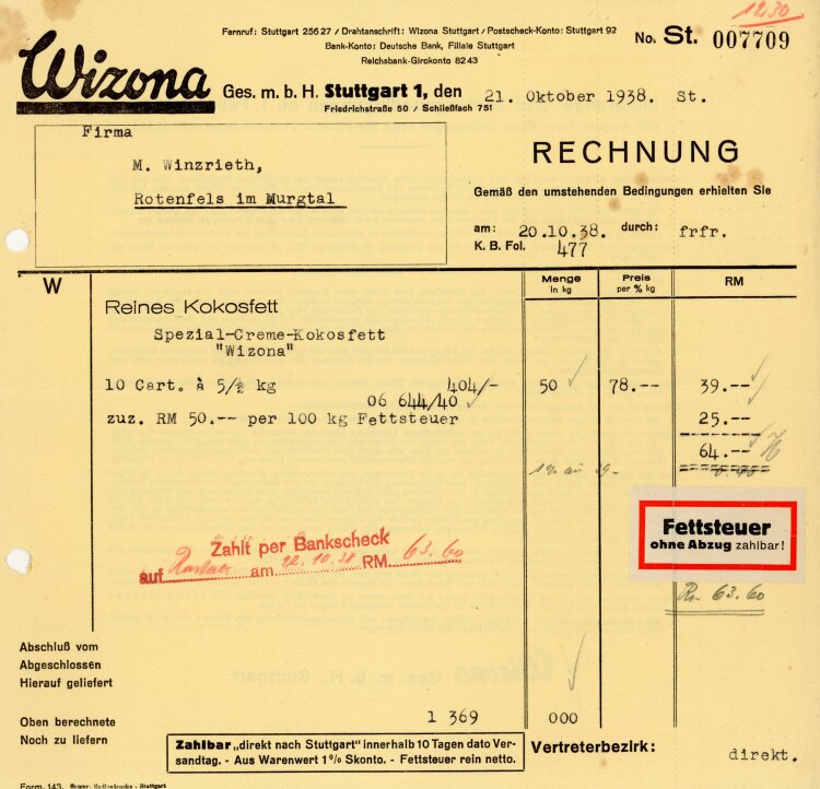 Wizona, Ges. m. b. H. - Rechnung - 21.10.1938