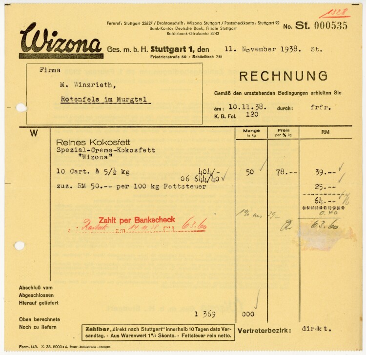 Wizona, Ges. m. b. H.  - Rechnung  - 11.11.1938
