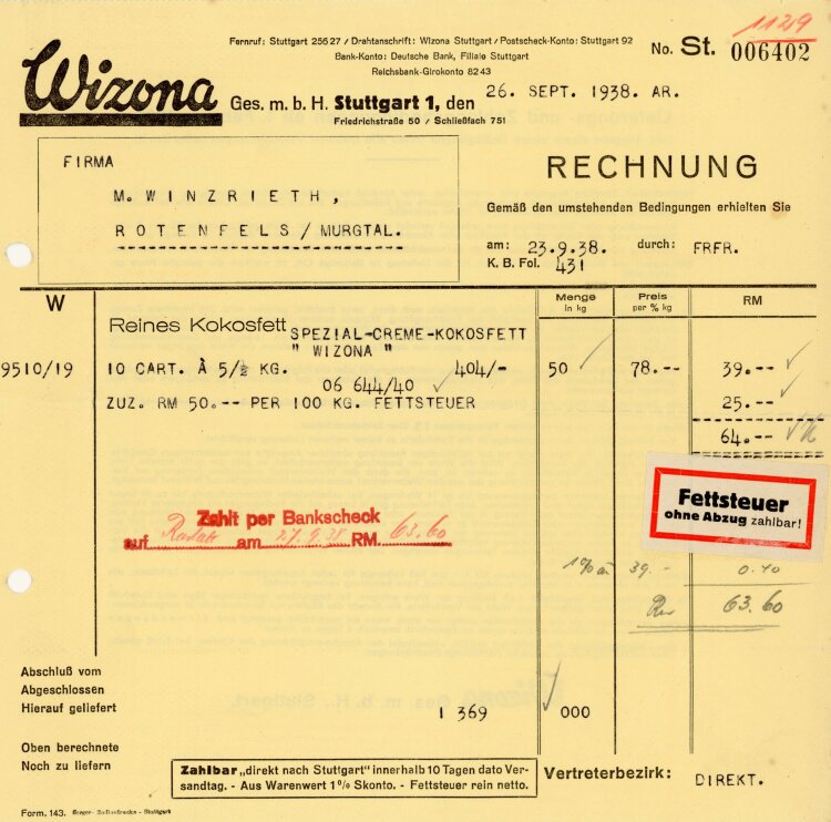 Wizona, Ges. m. b. H.  - Rechnung  - 26.09.1938