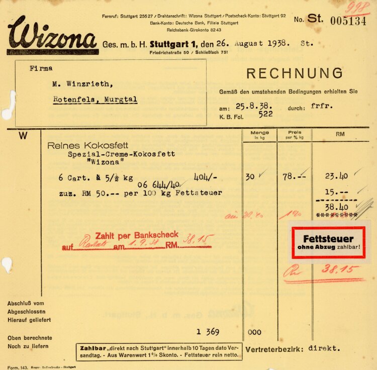 Wizona, Ges. m. b. H.  - Rechnung  - 26.08.1938