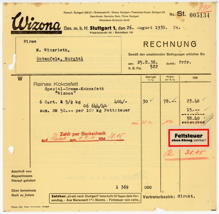 Wizona, Ges. m. b. H.  - Rechnung  - 26.08.1938
