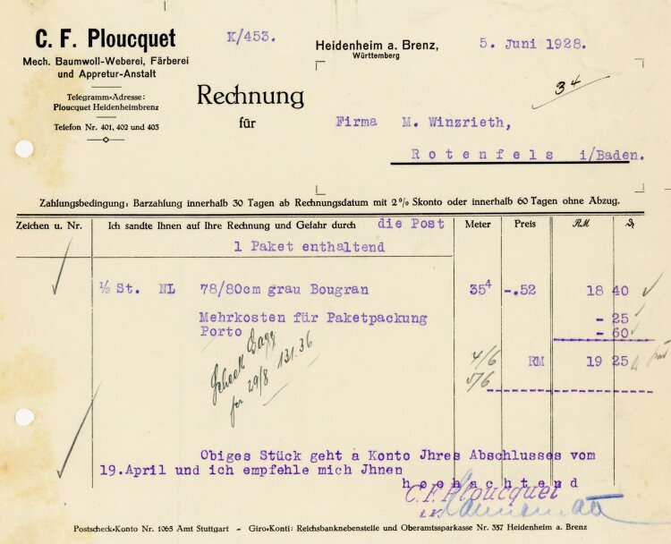C.F. Ploucquet, Mech. Baumwoll-Weberei, Färberei und Appretur-Anstalt - Rechnung  - 05.06.1928